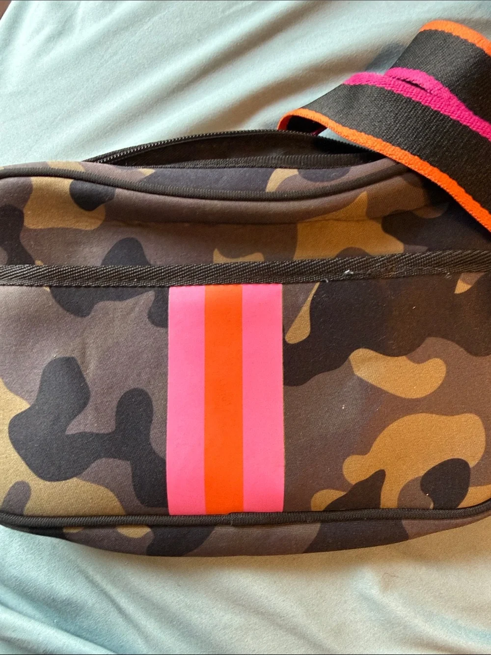Camouflage neoprene Crossbody Bag with Pink and Orange Stripe
